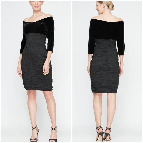 Alex Evenings Off-the-Shoulder Empire Waist Black Velvet Taffeta Sheath Dress - Picture 1 of 10